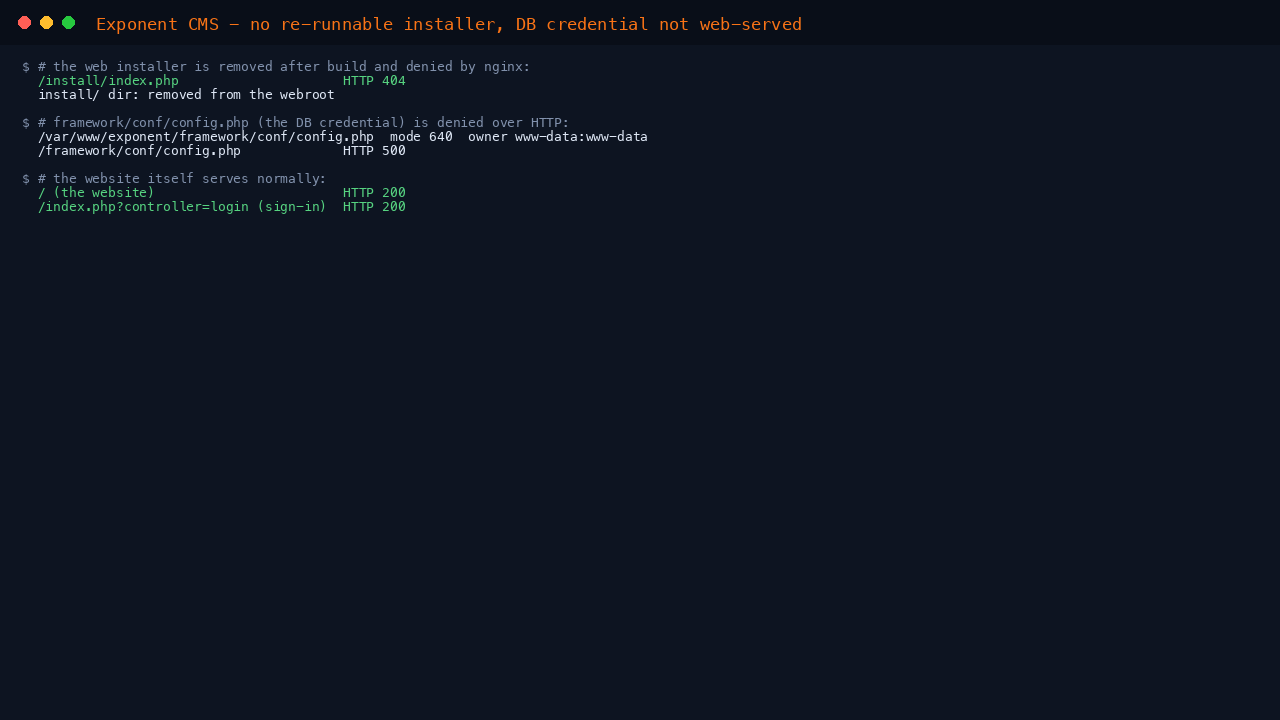 Exponent CMS no re-runnable installer, DB credential not web-served