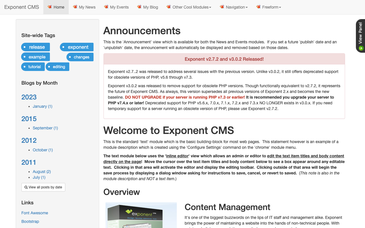 Exponent CMS public sample-site home page
