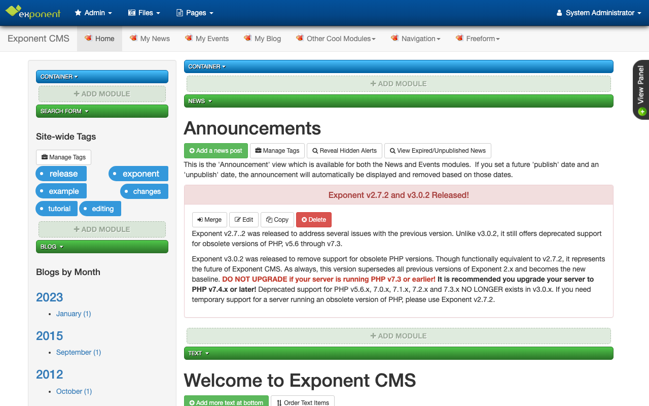 The site with the Exponent admin toolbar after signing in
