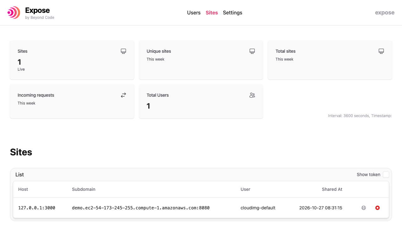 Expose dashboard Sites page listing a live tunnel