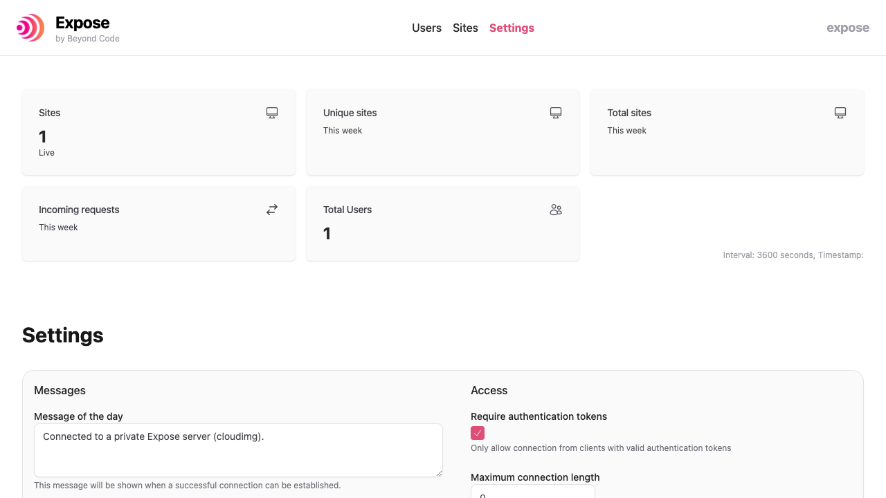 Expose dashboard Settings page with token validation enabled
