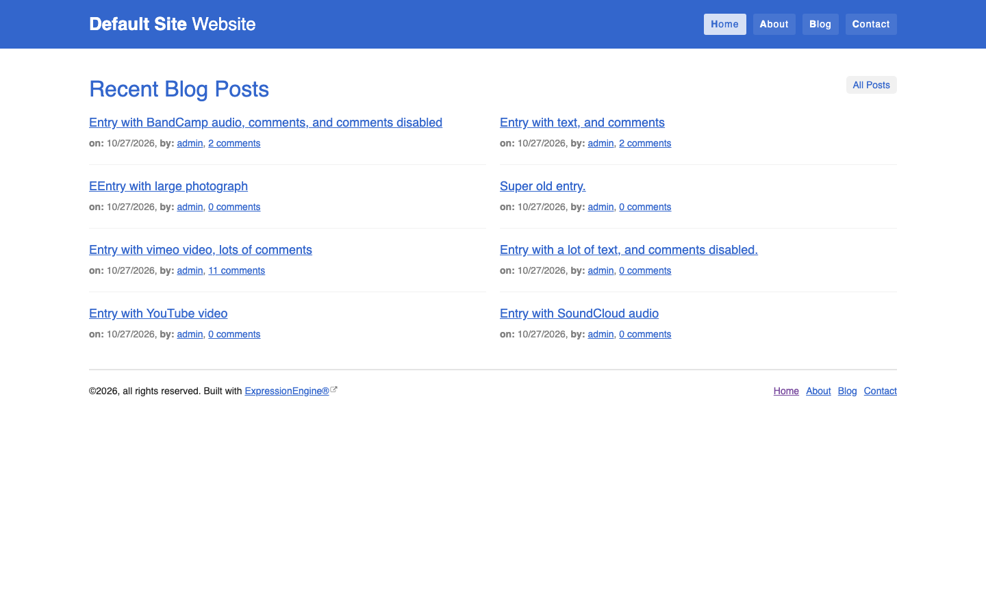 The ExpressionEngine default theme home page of a fresh site