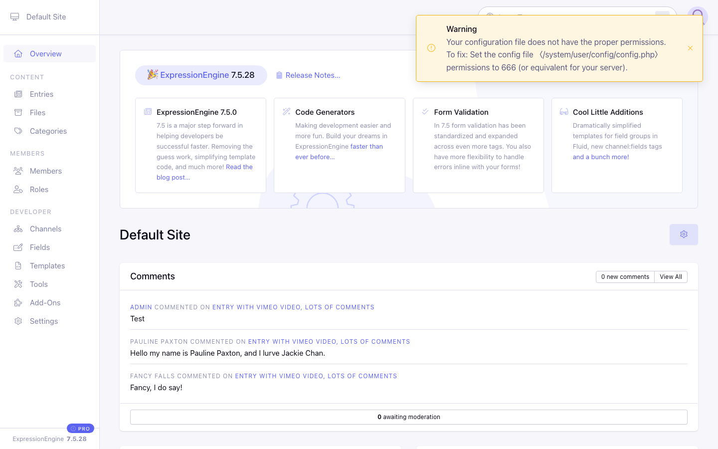 The ExpressionEngine control panel Overview dashboard with the sidebar menu
