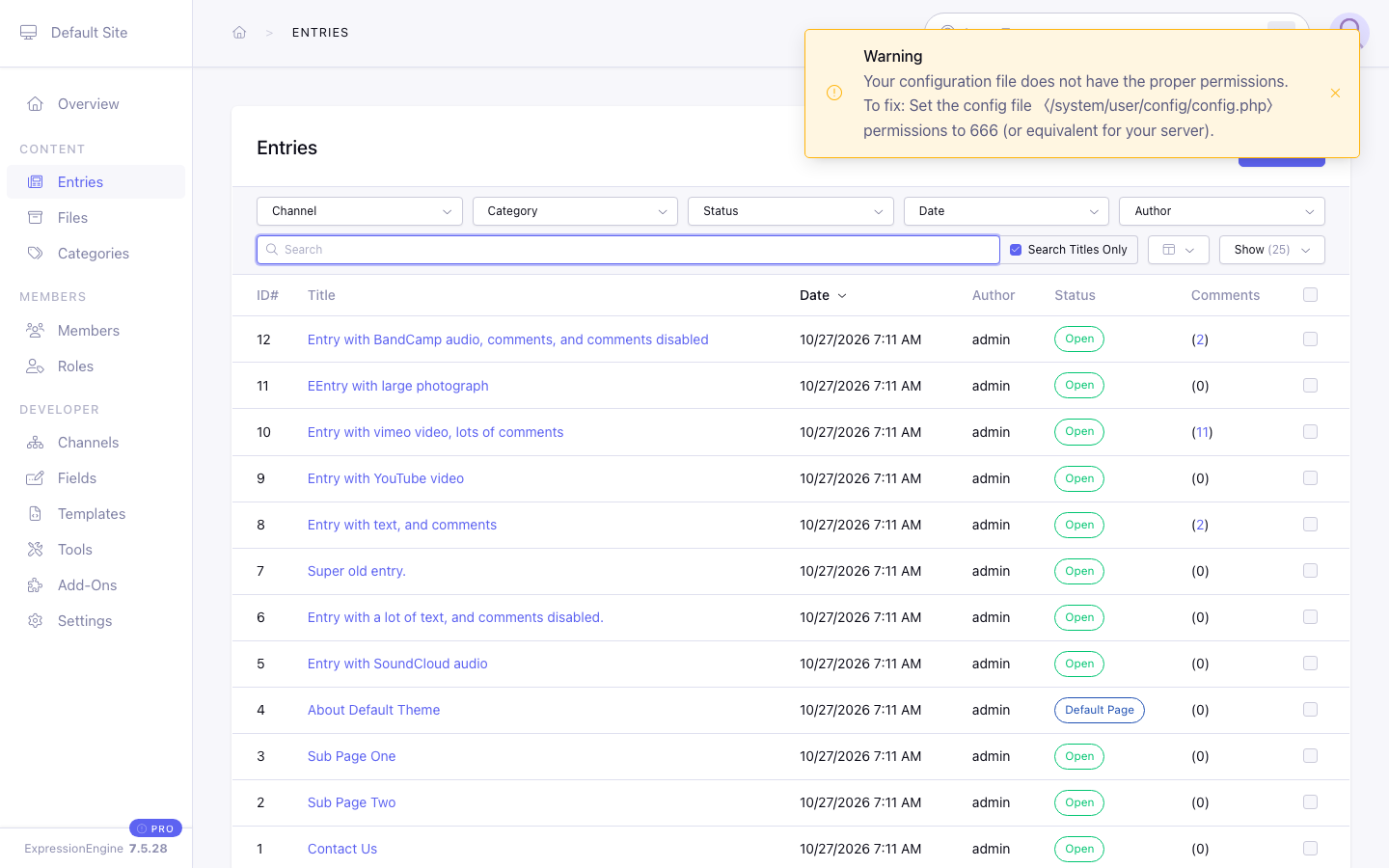 The ExpressionEngine control panel Entries list of the default theme's channels