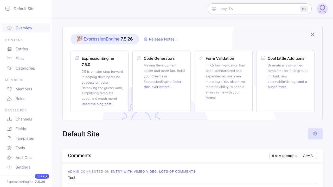The ExpressionEngine control panel dashboard showing the 7.5.26 version, welcome cards, a comments widget, and the content, members and developer navigation down the left side