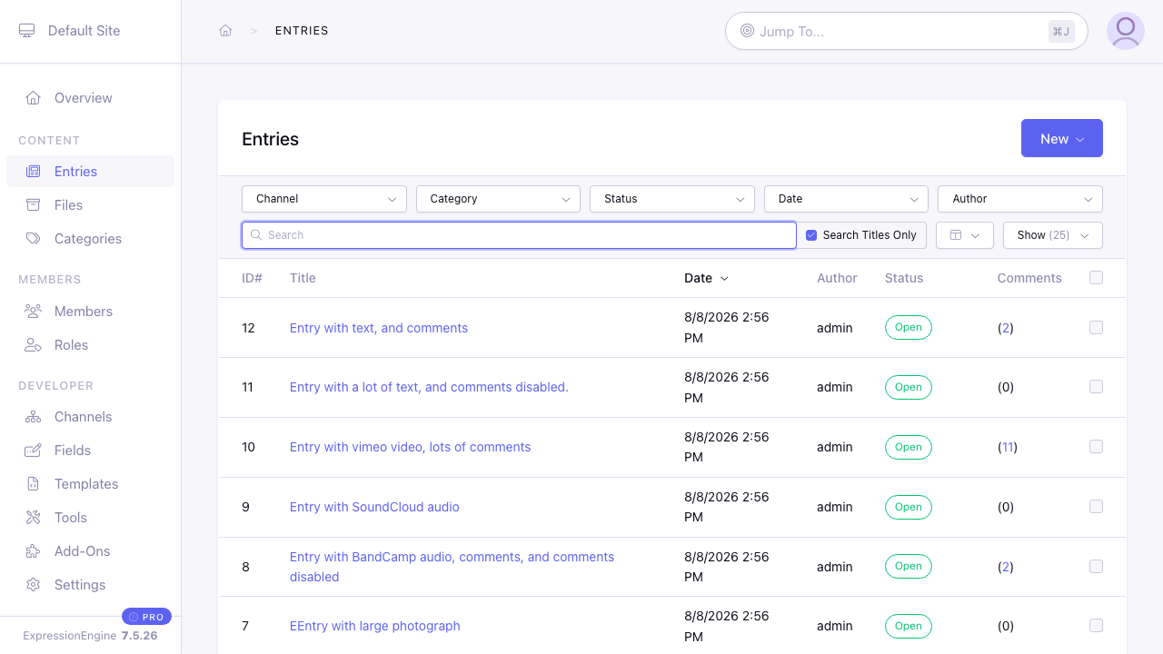 The ExpressionEngine Entries manager listing the seeded demo entries with their channel, author, open status and comment counts, and a New button to publish more