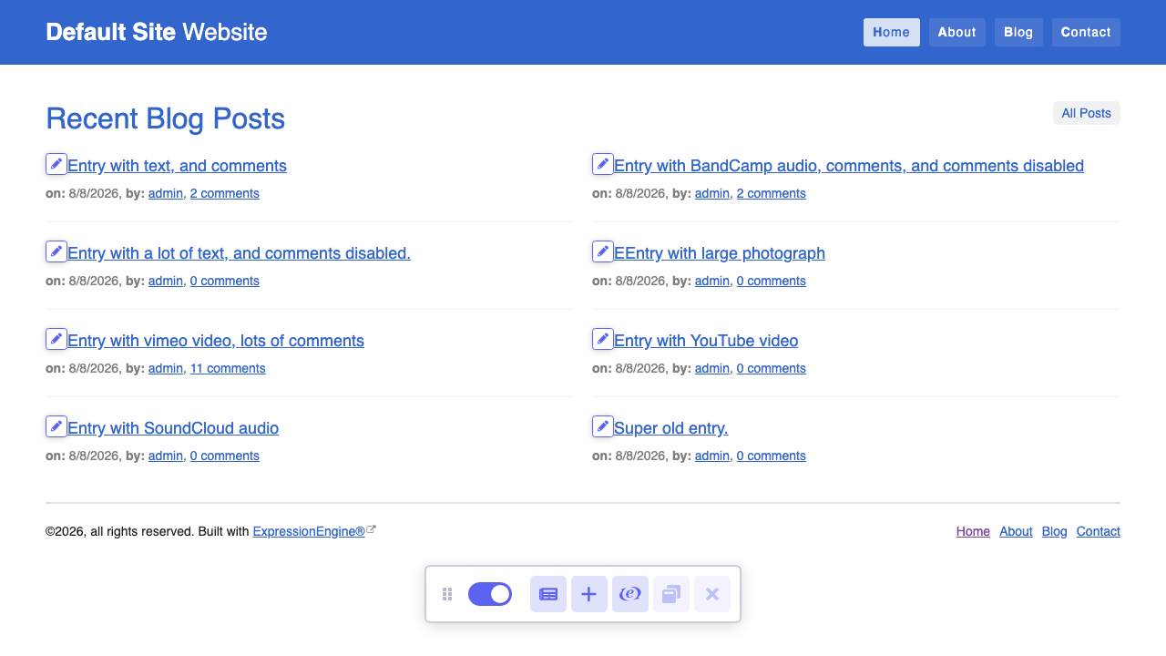 The public ExpressionEngine website showing the Default Site header, a Home About Blog Contact navigation, and a list of recent blog posts each with a title, date, author and comment count