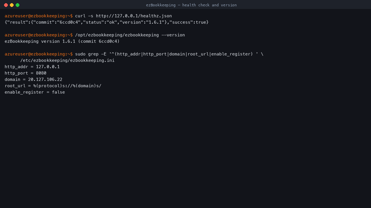 Health endpoint, binary version and the cloudimg configuration applied to the image