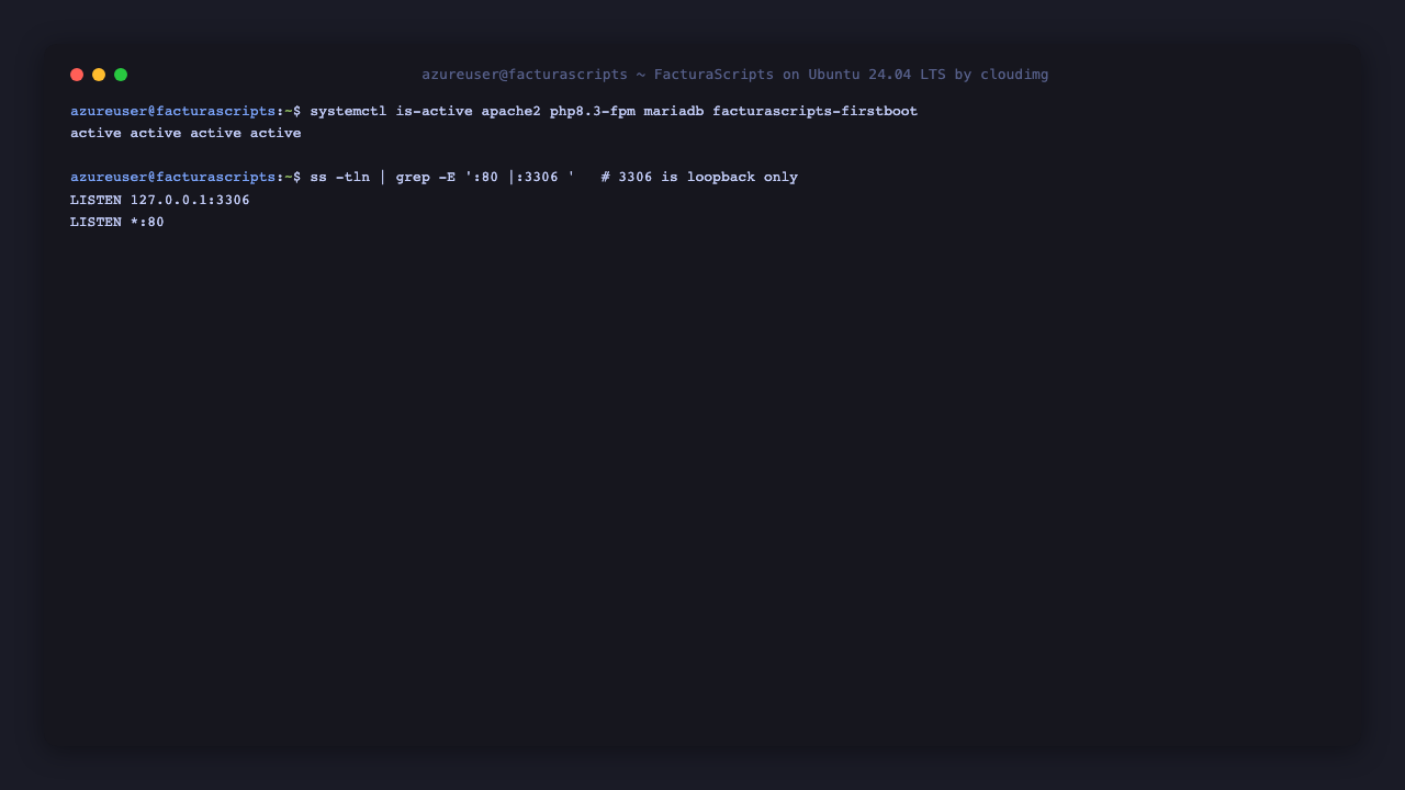 The apache2, php8.3-fpm, mariadb and facturascripts-firstboot services all active, with Apache listening on port 80 and MariaDB bound to loopback 127.0.0.1:3306