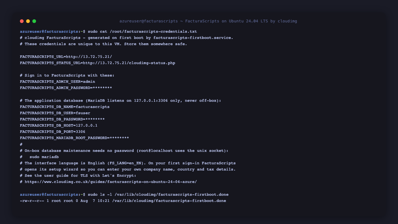 The per VM credentials file listing the FacturaScripts administrator user and password, the application database name, user and password, and the MariaDB root password, with the passwords masked