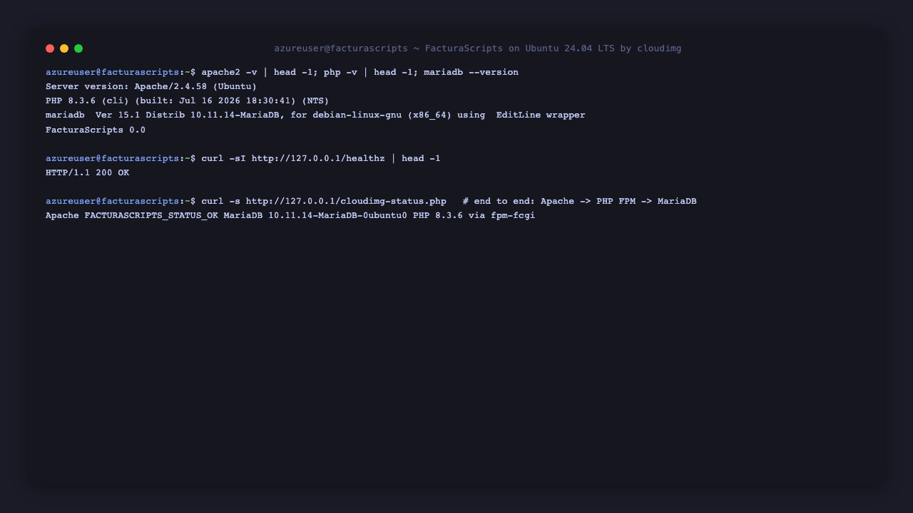The Apache, PHP and MariaDB versions with the FacturaScripts release, the healthz endpoint returning 200, and the end to end status page round trip