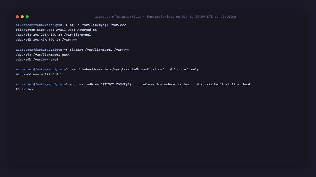 Both dedicated ext4 data disks, one holding the MariaDB datadir at /var/lib/mysql and one holding the application at /var/www, with MariaDB bound to loopback and the materialised schema size