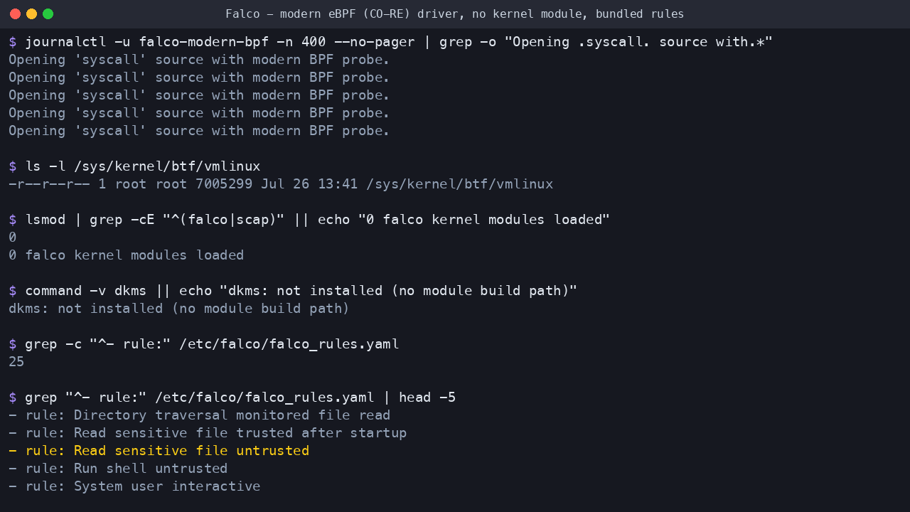 The engine reporting that it opened the syscall source with the modern BPF probe, the kernel type information the probe relocates against, zero Falco kernel modules loaded with DKMS not installed, and a sample of the behavioural rules the image loads
