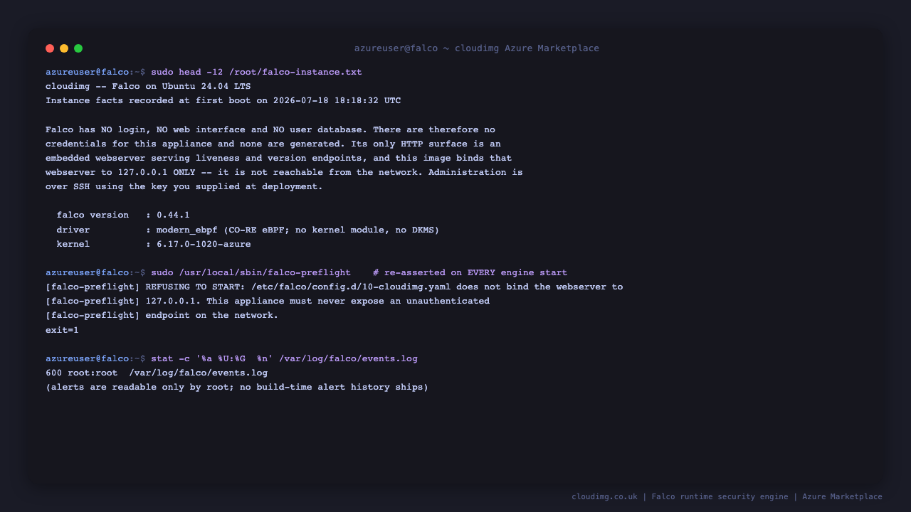 The appliance's security posture on a running virtual machine: the per instance note confirming no credentials exist for this product, the preflight mechanism refusing to start the engine when the health endpoint binding is changed to expose it on the network, and the alert log readable only by root