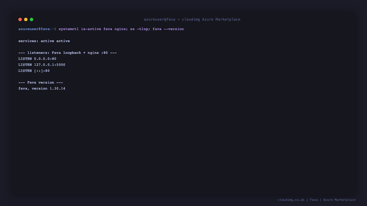 The fava and nginx services reporting active, Fava listening on loopback 127.0.0.1:5000, and nginx listening on port 80