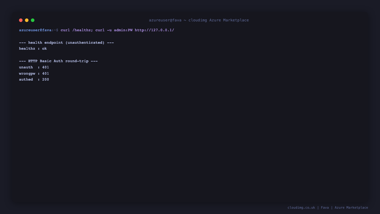 The HTTP Basic Auth round trip returning 401 unauthenticated, 401 for a wrong password, and 200 with the per VM password