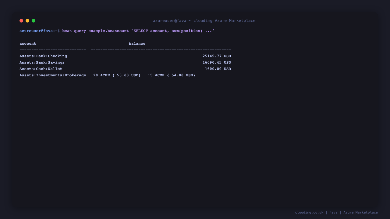 The bean-query command line client listing the asset account balances of the example ledger - checking, savings, cash and brokerage holdings