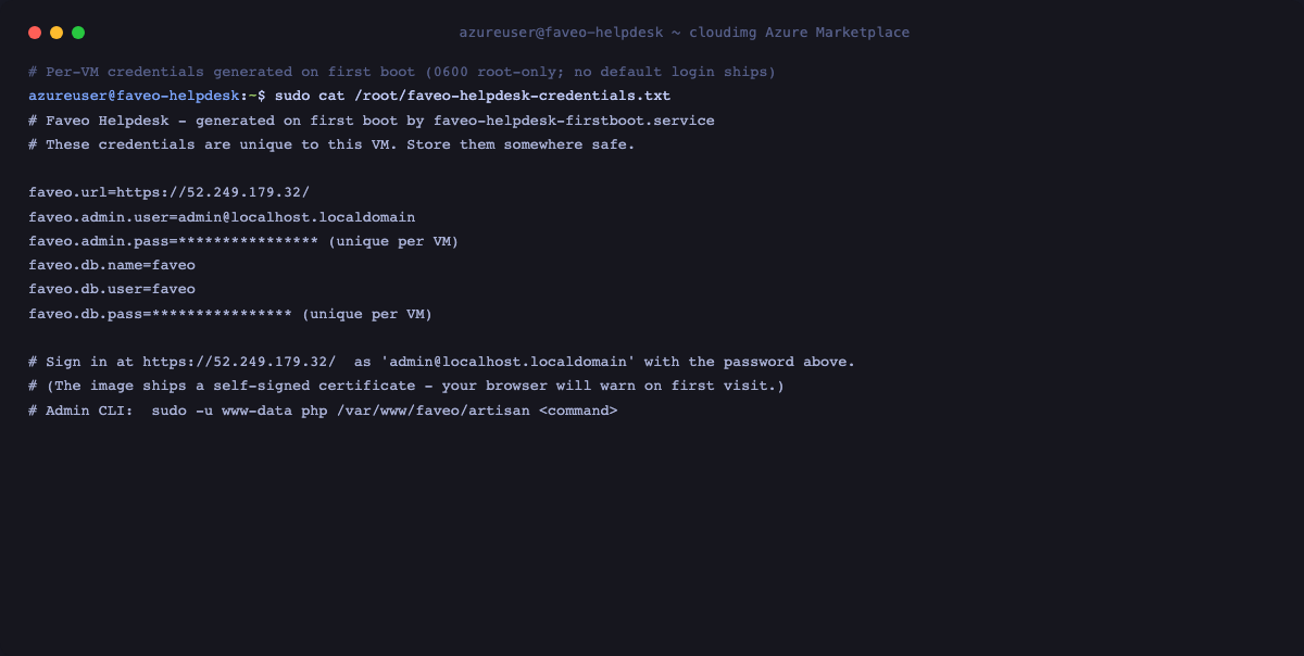 Per-VM credentials, root-only and masked
