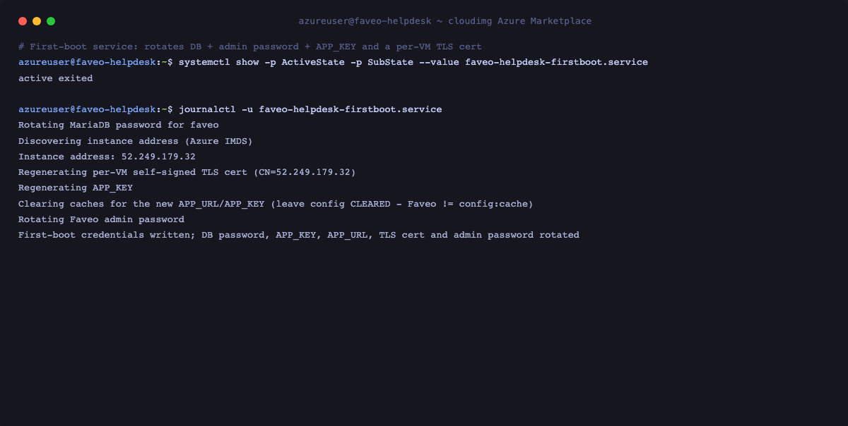 First-boot rotation of the DB password, APP_KEY and per-VM certificate