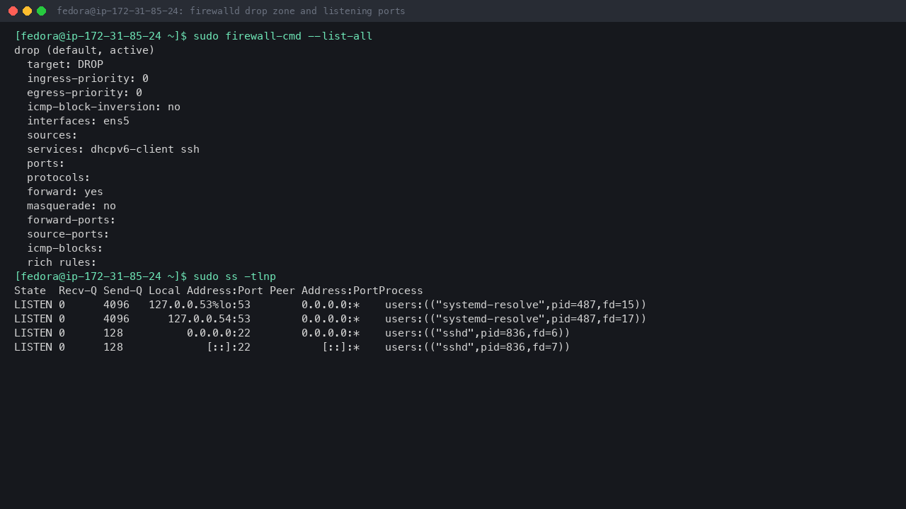Terminal output showing firewalld running with the drop zone as the default and active zone on ens5, allowing only the dhcpv6-client and ssh services, and sshd as the only TCP listener on an external address, with the systemd-resolved stub on loopback