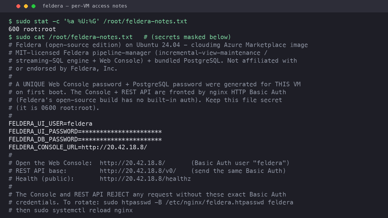 The per-VM access notes, with the Console password and database password masked