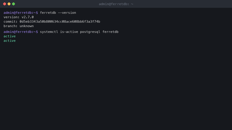 The preinstalled ferretdb binary reporting version 2.7.0 and systemctl showing the ferretdb and postgresql services active on the DocumentDB-enabled PostgreSQL backend