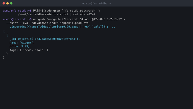 A mongosh session against the loopback port 27017 endpoint inserting a document into a collection and reading it back with find, proving MongoDB wire-protocol compatibility on the PostgreSQL backend