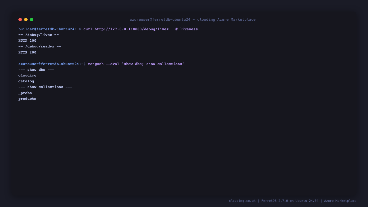 FerretDB health endpoints and database listing