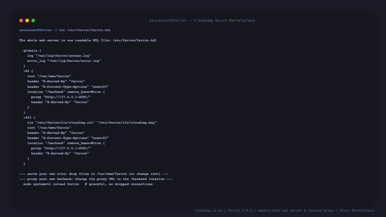 The single KDL configuration file that drives Ferron: a globals block for log paths, and two virtual host blocks for ports 80 and 443, each setting the static root, response headers and a per path location that reverse proxies the /backend path to the loopback demo backend, with the 443 host using an explicit manual TLS certificate