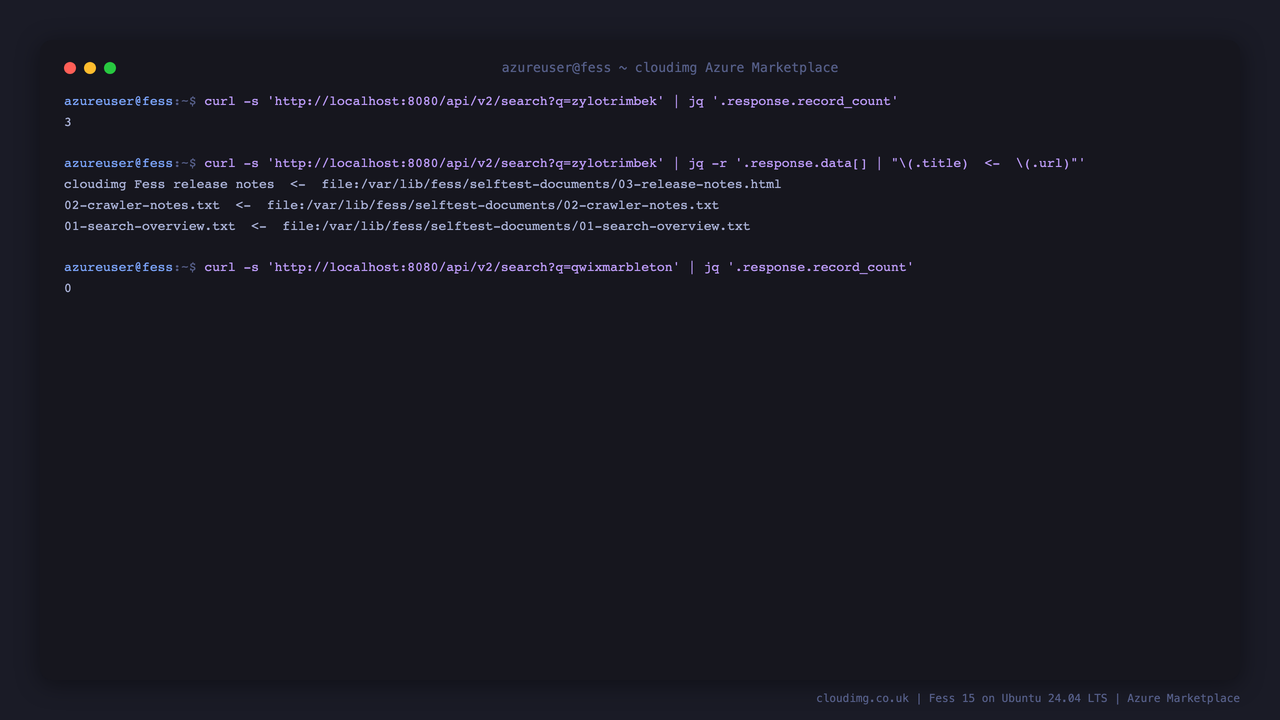 Real hits returned through the Fess JSON search API, and zero hits for a term that should not match