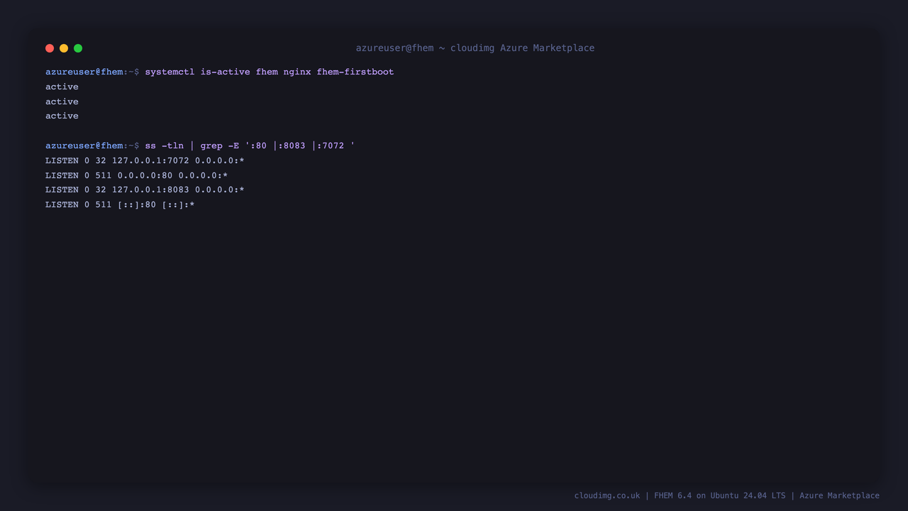 FHEM services active and the loopback-only listener layout