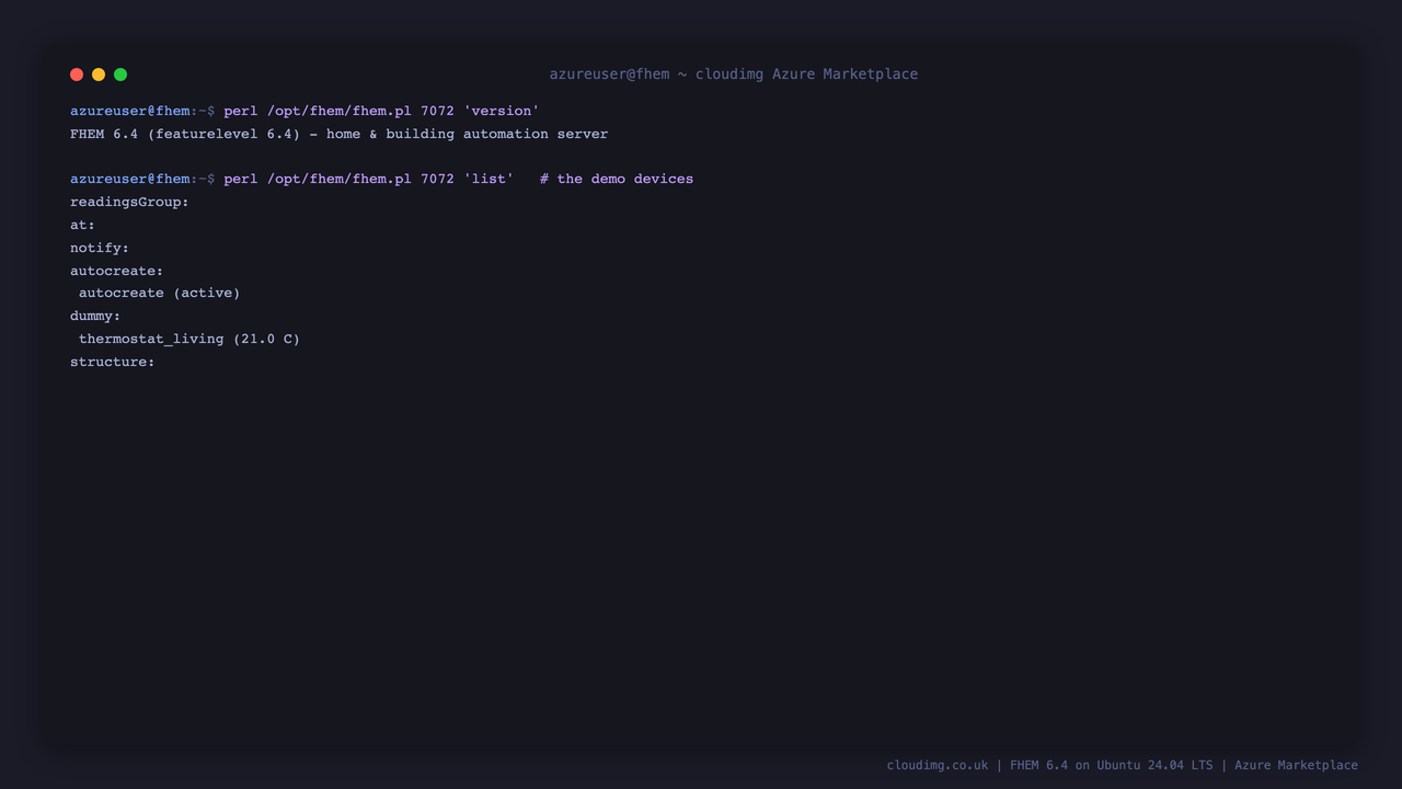 The FHEM demo devices listed from the loopback telnet CLI
