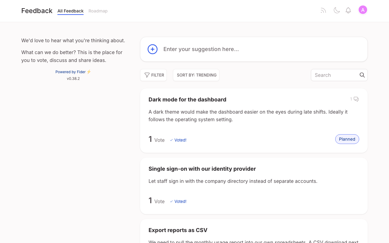 The Fider feedback board with ideas, vote counts and a Planned status