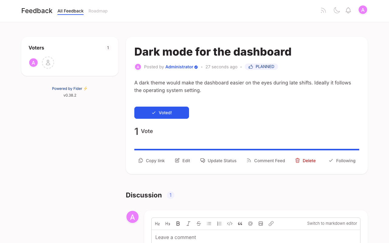 A Fider idea with its voters, Planned status and the discussion editor