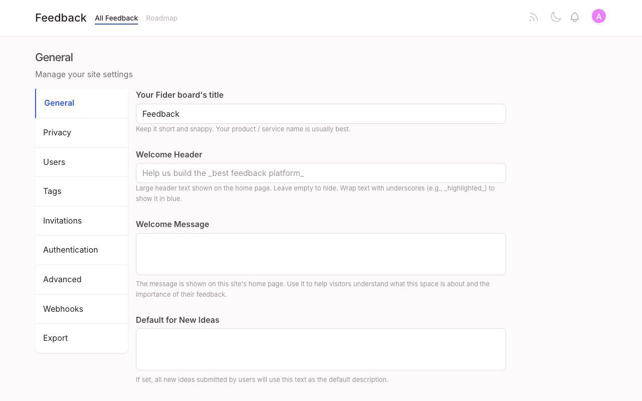 The Fider site settings with the board title and welcome message