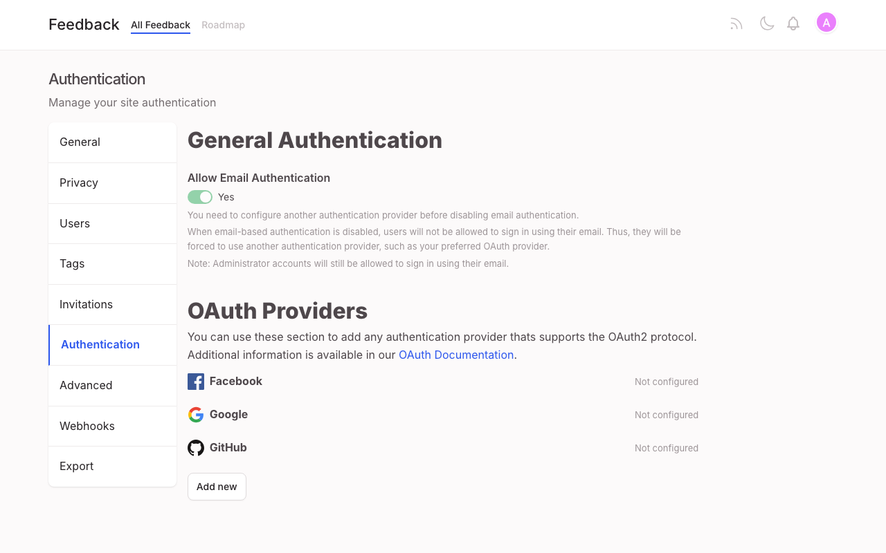 The Fider authentication settings with email authentication on and no OAuth provider configured