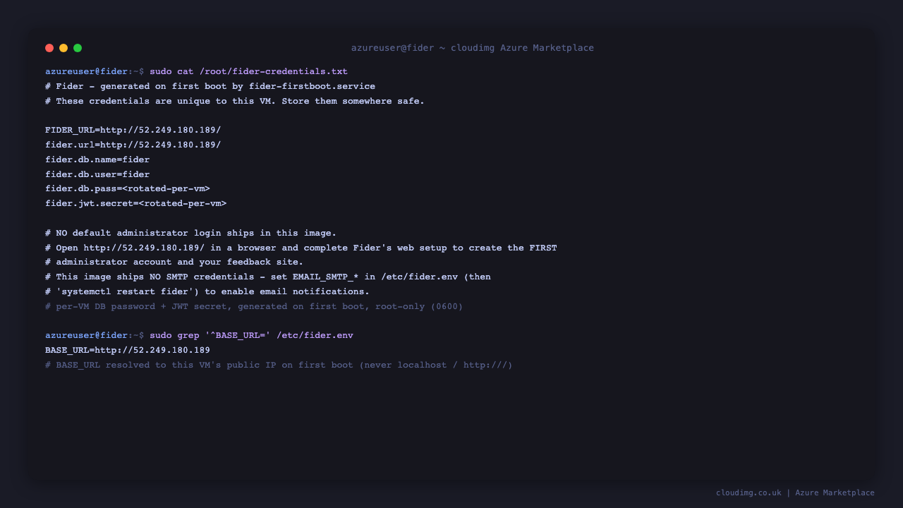 Per-VM credentials file and resolved BASE_URL