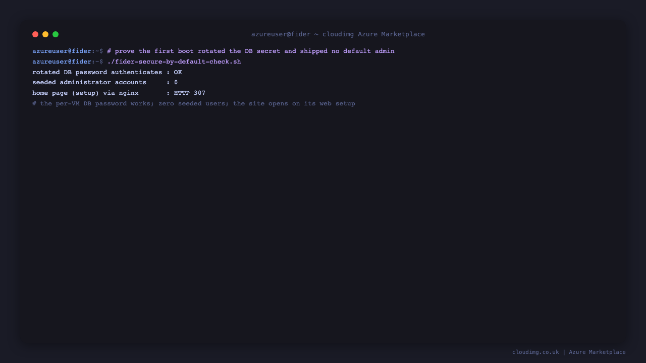 Secure-by-default: rotated DB credential works, no seeded admin