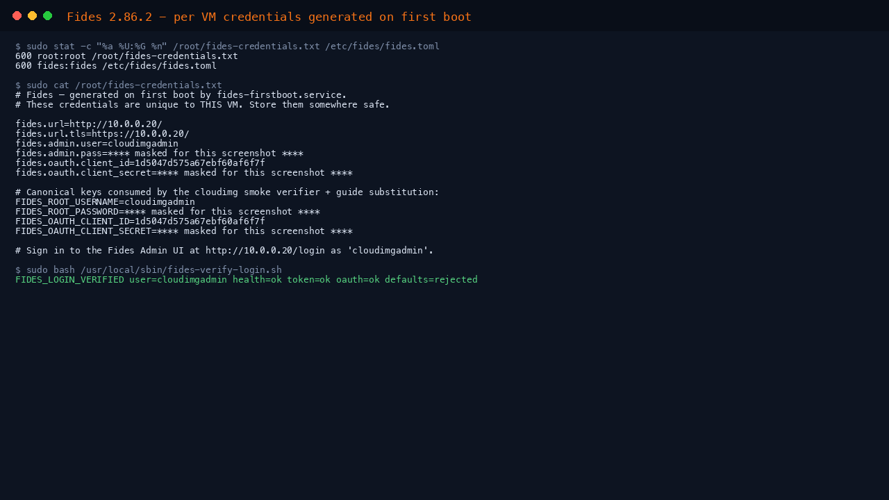 The per VM credentials file showing the generated administrator username, a masked password, the OAuth root client id and a masked client secret, with 0600 root only permissions on both the credentials file and the Fides configuration, alongside the credential verification helper reporting login, token, OAuth and published default rejection all passing