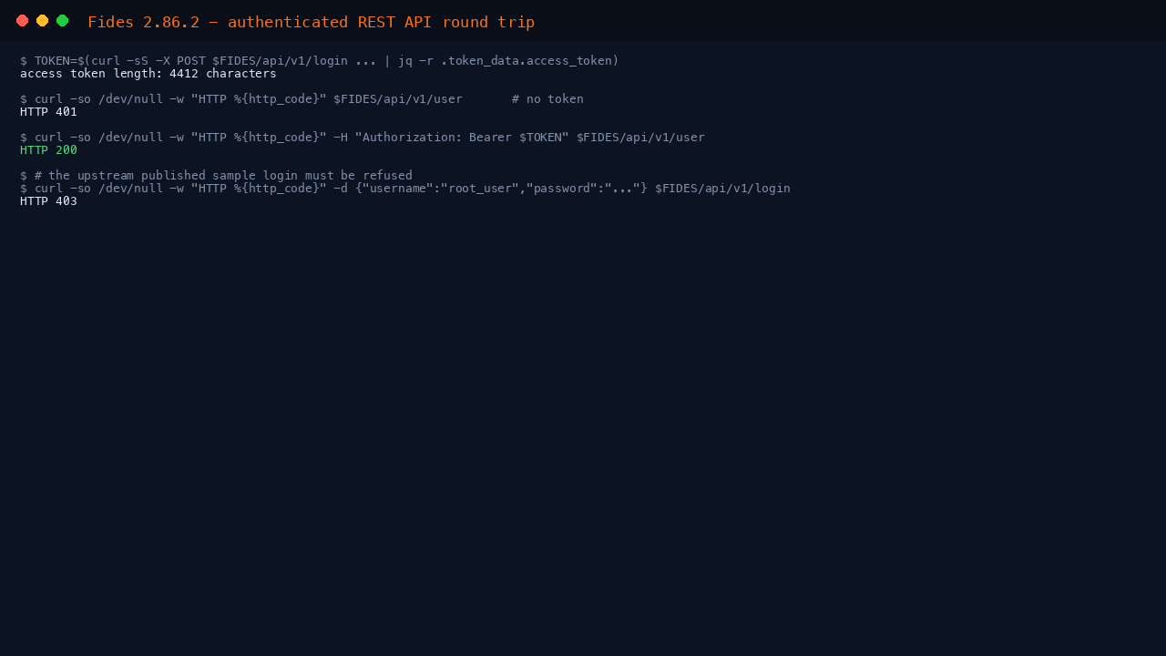 The authenticated REST API round trip, showing the access token length, the protected user endpoint returning HTTP 401 without a token and HTTP 200 with one, and the upstream published sample login being refused