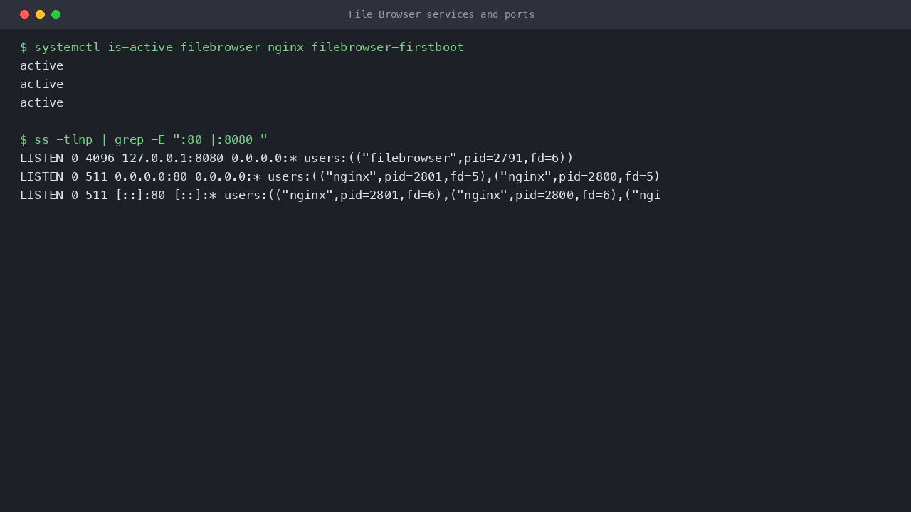 The filebrowser, nginx and filebrowser-firstboot services active, with nginx on port 80 and the File Browser server bound to loopback 127.0.0.1:8080