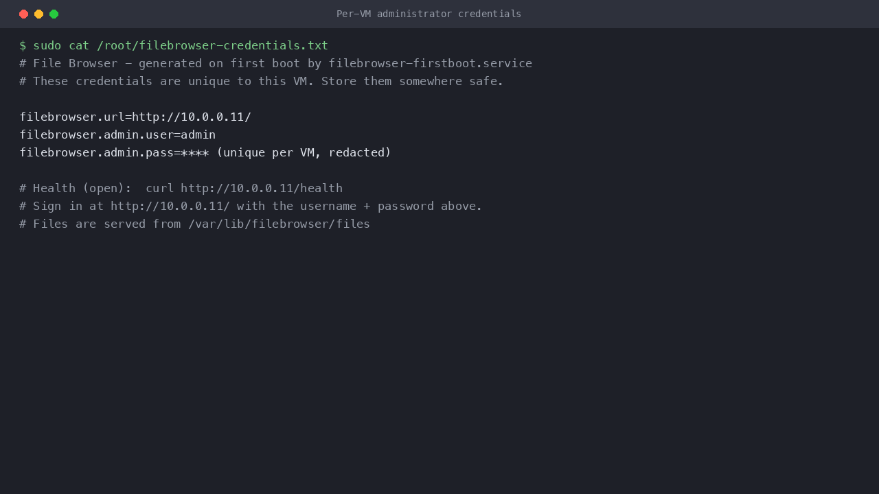 The per VM File Browser credentials file, showing the admin user, the generated password and the site URL