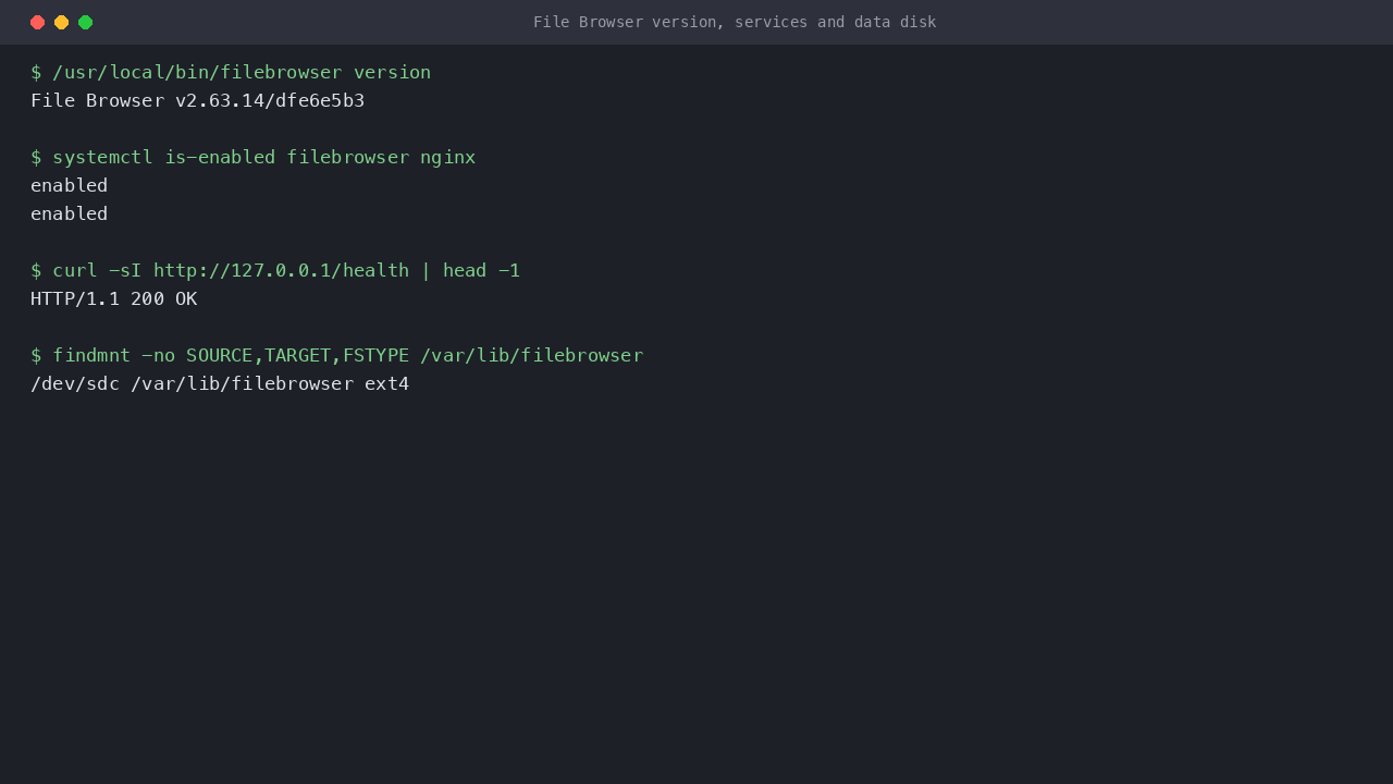 The File Browser 2.63.14 version, the enabled filebrowser and nginx units, and the health endpoint returning 200