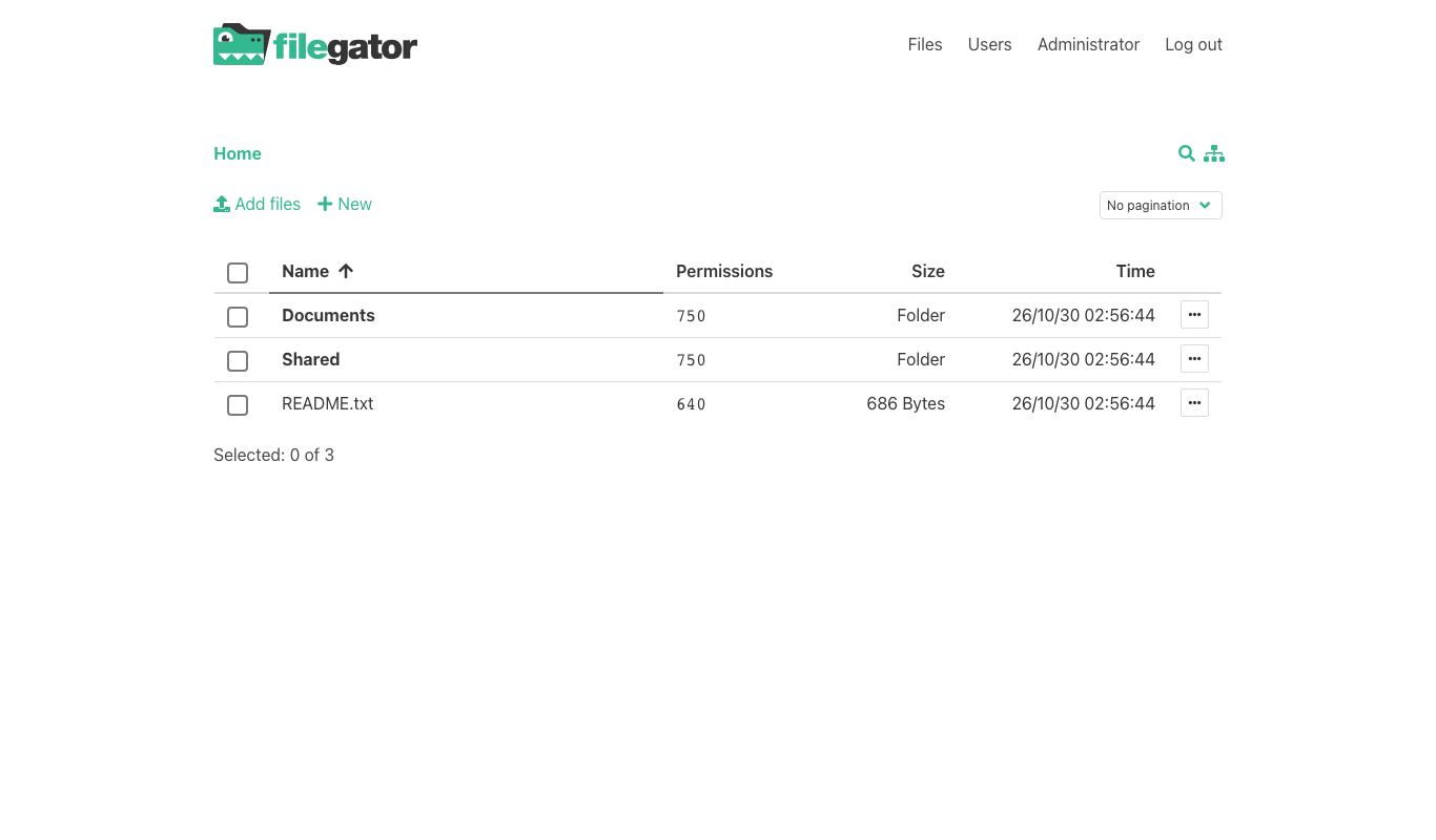 The FileGator file browser on a new instance