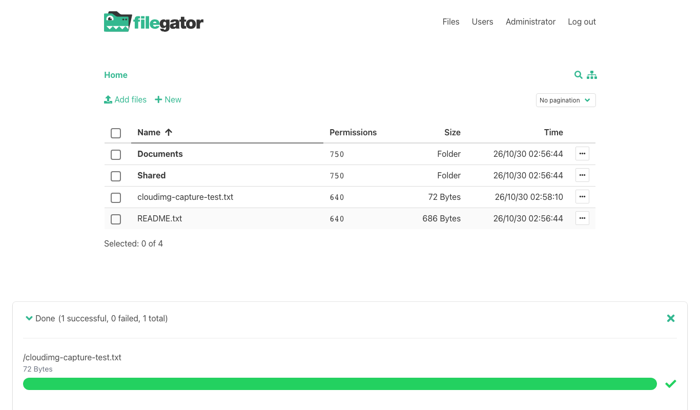 An upload through the FileGator web interface
