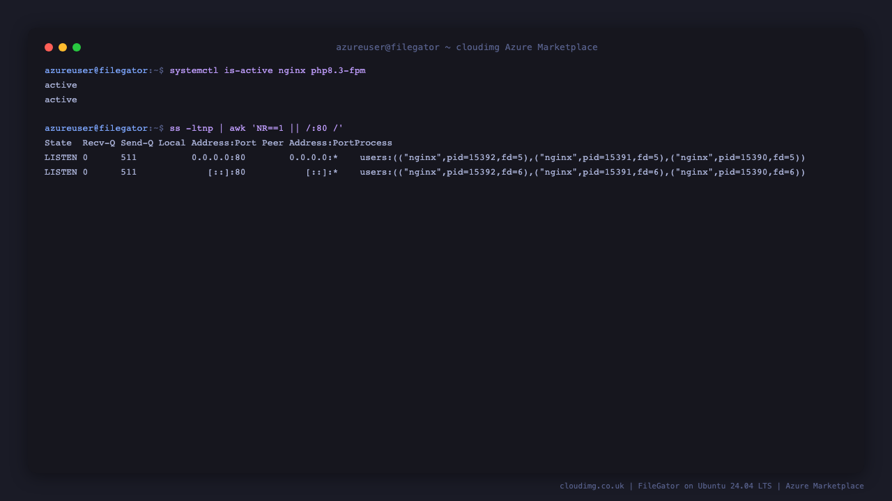 nginx and PHP FPM active and listening on port 80