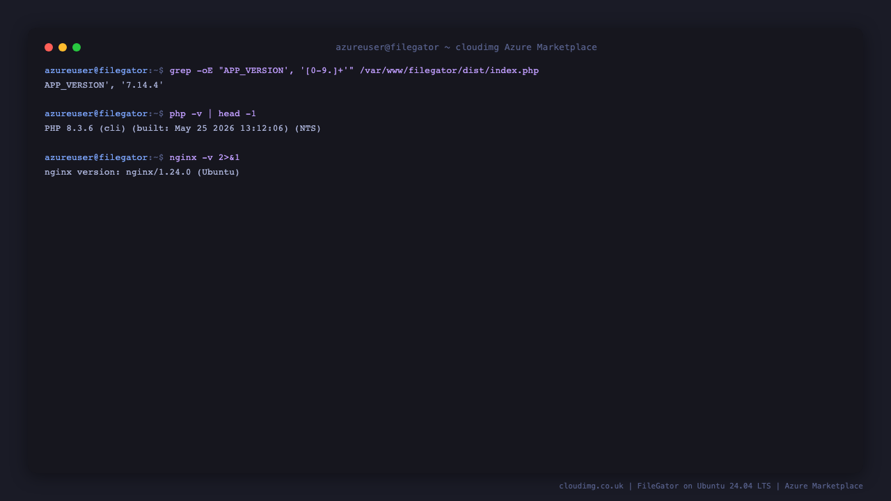 FileGator 7.14.4, PHP 8.3, and nginx version strings