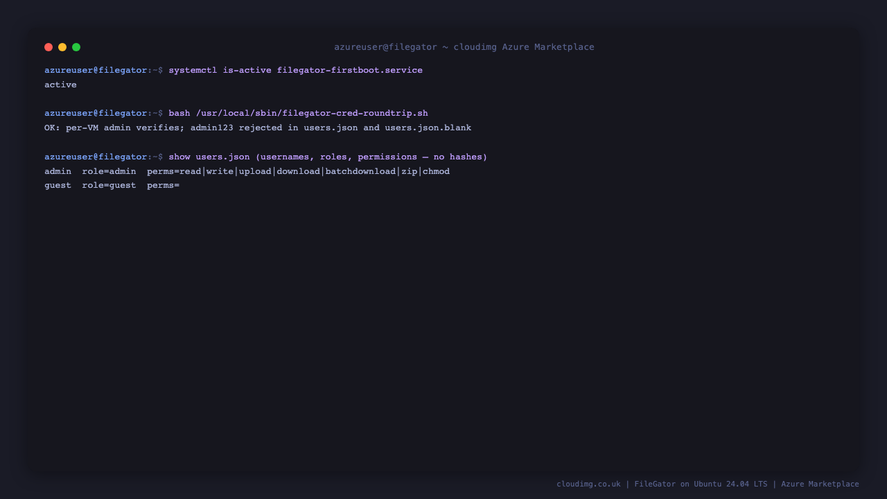 The credential round trip confirming the per VM admin works and admin123 is rejected, with the admin and guest users