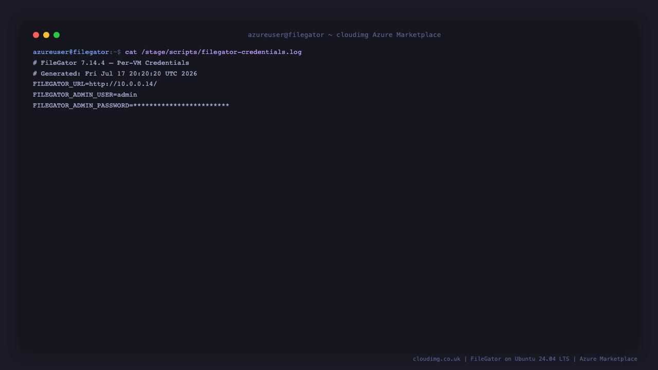 The per VM credentials file with the administrator user and rotated password