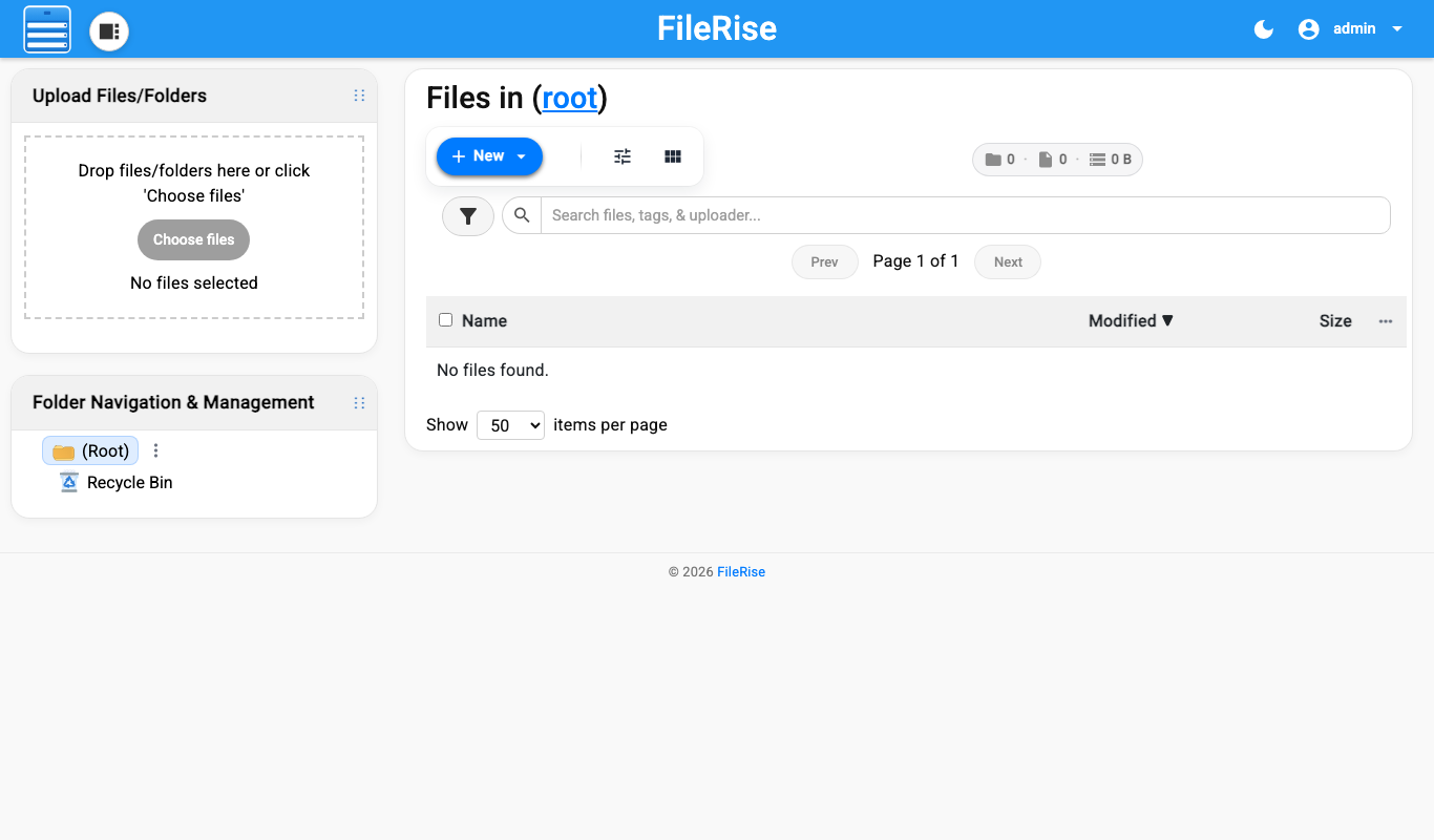 The FileRise file manager on a new instance
